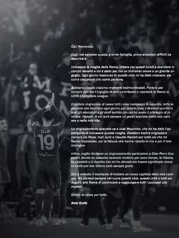 Zeki Chelik «Roma» bilan xayrlashdi