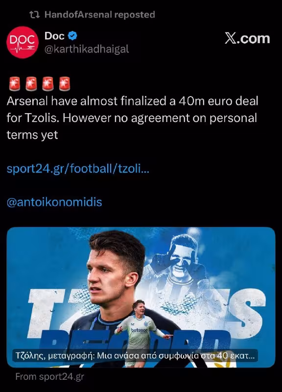 Arsenal Tsolis transferi bo'yicha kelishuvga yaqin