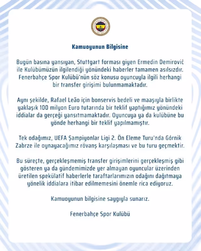 Fenerbahche Rafael Leao va Ermedin Demirovich borasidagi mish-mishlarni rad etdi
