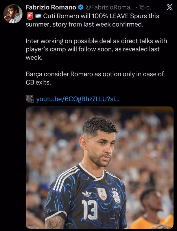 Kristian Romero yozda «Tottenxem»ni tark etishi mumkin