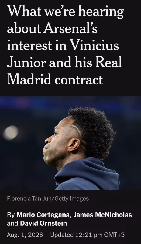 The Athletic: "Arsenal" Vinisius Junior transferi ustida ishlamoqda